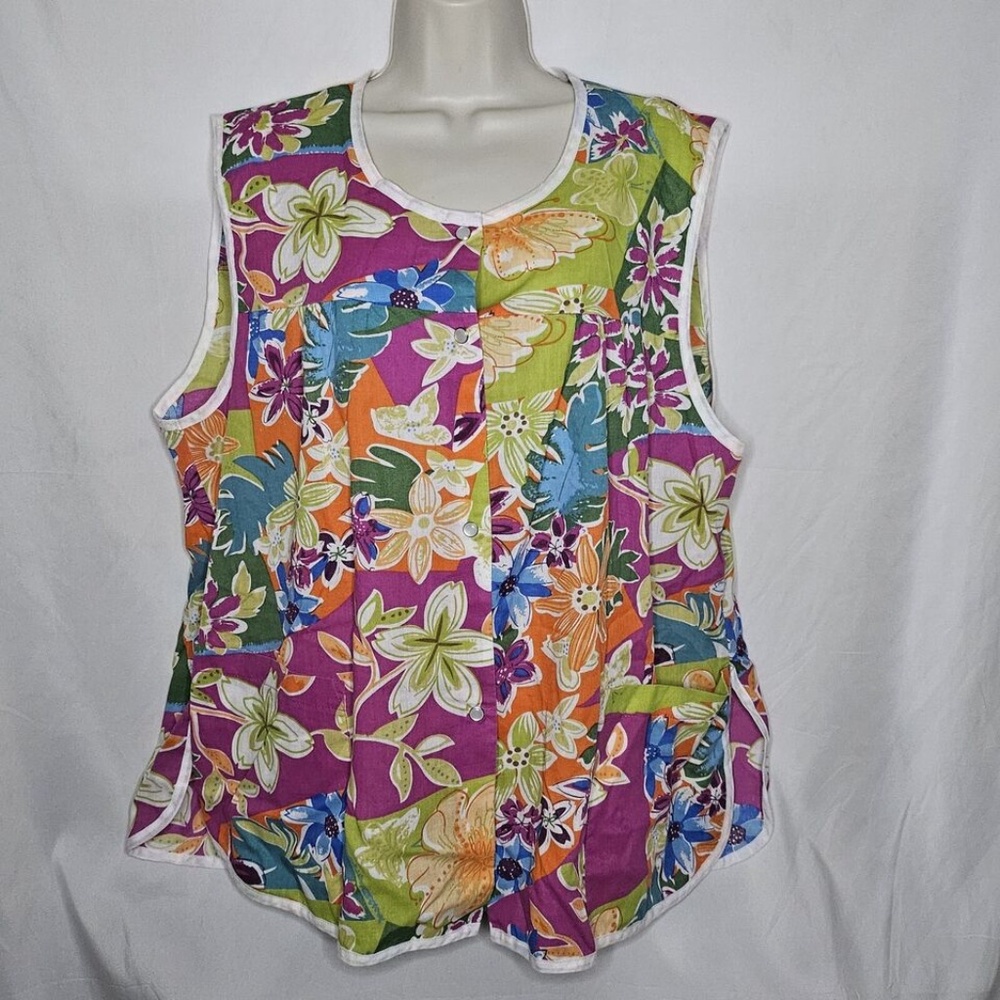 Womens CW Classics Purple Floral Sleeveless Pearl Snap Front Pockets Tank Top 1X